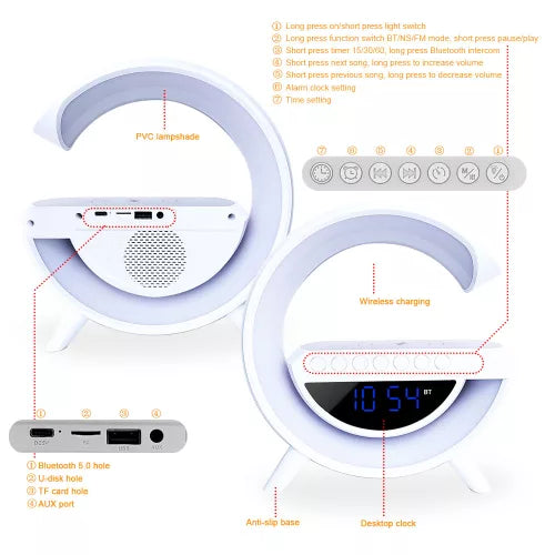 Boxa Bluetooth cu Ceas si Lumină Ambientale și Încărcător Wireless