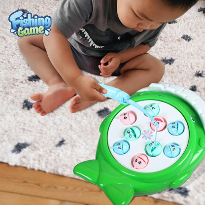 Joc de pescuit pentru copii - 2 culori Jucării electrice de pescuit Jocuri educaționale cu jucărie muzicală de pescuit rotativă Include 9 pești și 2 lansete pentru băieți și fete (verde)