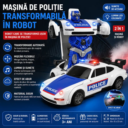 Masina de Politie Transformabila cu Lumini, Sunete si Efect de Fum