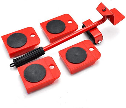Set scule pentru mutarea mobilei cu 5 piese, role rotative 360°, levier metalic, până la 150 kg