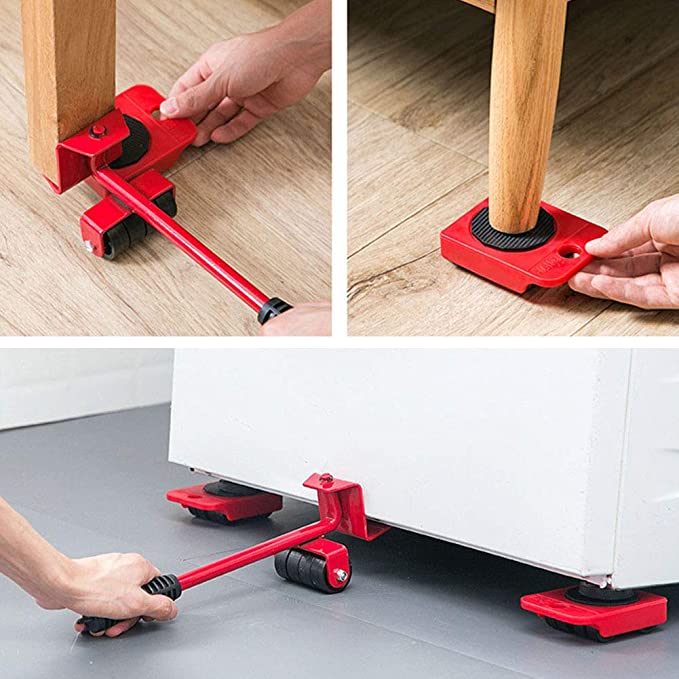 Set scule pentru mutarea mobilei cu 5 piese, role rotative 360°, levier metalic, până la 150 kg