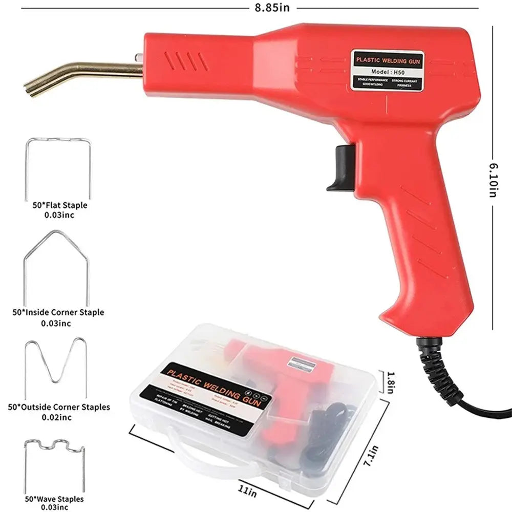 Set de sudura plastic cu pistol si 200 de capse, multifunctional, cu geanta de transport, rosu