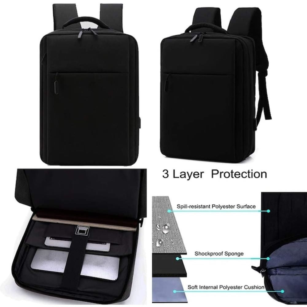 Rucsac pentru laptop portabil, cu port de incarcare USB, Rezistent la apa, Rezistent la zgarieturi, 15.6” Negru