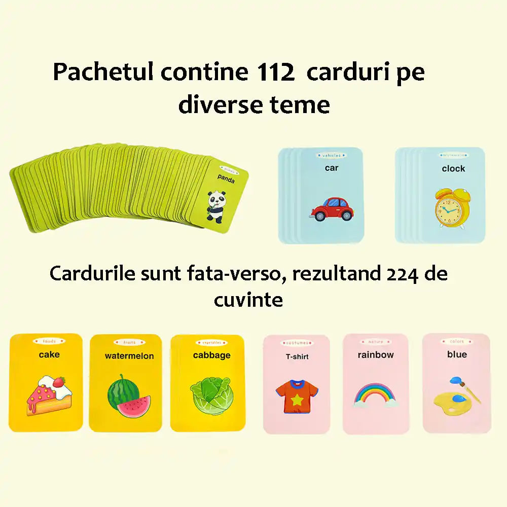 Jucarie educativa, set pentru invatare cuvinte in limba engleza, cititor de carduri, Stone, 112 bucati carduri flash 224 de cuvinte, 2 ani+, acumulator intern