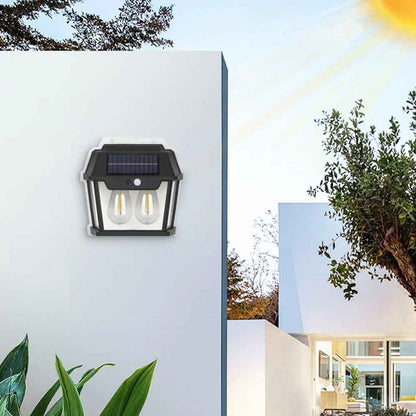 Lampa de perete cu 2 becuri LED, senzor de miscare si panou fotovoltaic pentru exterior, rezistent la apa