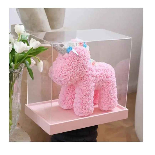 Unicorn Floral din Trandafiri de spuma  ambalat in cutie, cu led de lumini