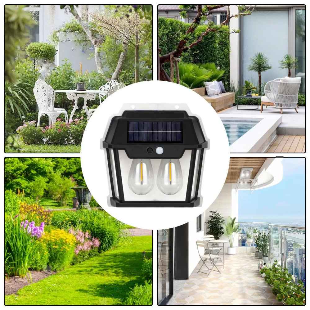 Lampa de perete cu 2 becuri LED, senzor de miscare si panou fotovoltaic pentru exterior, rezistent la apa