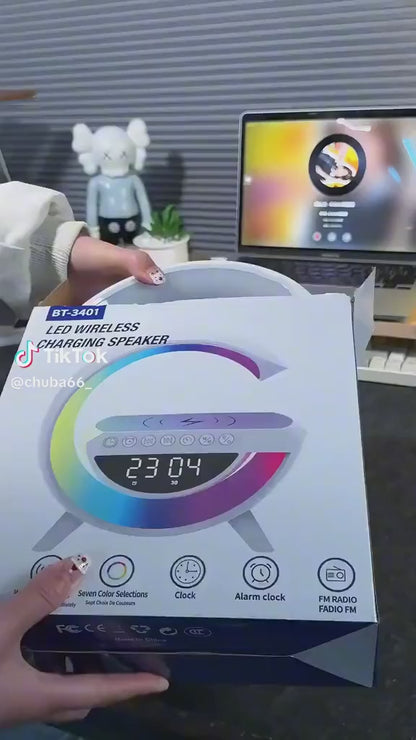Boxa Bluetooth cu Ceas si Lumină Ambientale și Încărcător Wireless