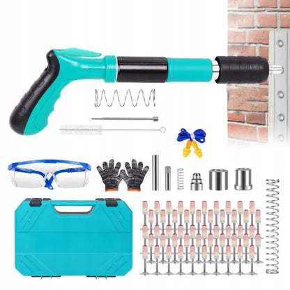 Pistol de cuie manual , 5 trepte ajustabile, zgomot redus, 33.5x11cm, set complet cu 50 cuie, cutie de unelte albastra