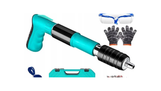 Pistol de cuie manual , 5 trepte ajustabile, zgomot redus, 33.5x11cm, set complet cu 50 cuie, cutie de unelte albastra